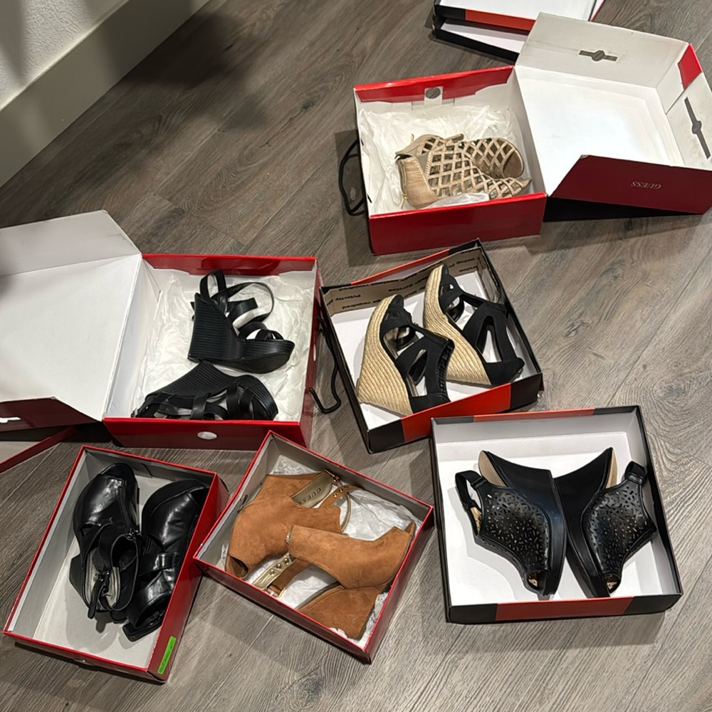 6 pairs of Guess shoes/heels/wedges some brand new never used size 6 and 7